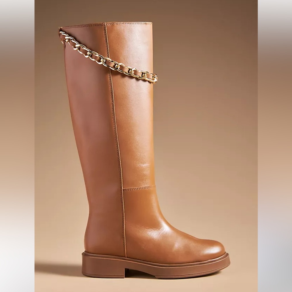 ALOHAS Tall Tan Leather Over-the-Knee Boots with Gold Chain